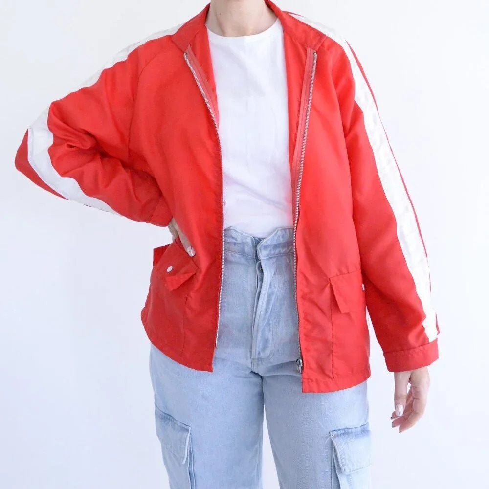 Vintage Red White Stripe Running Track Athletic Windbreaker Jacket M